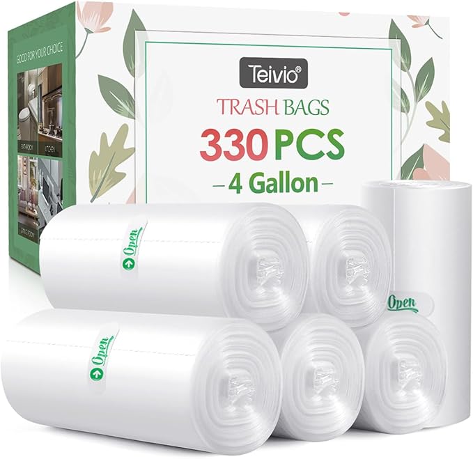4 Gallon 330 Counts Strong Trash Bags Garbage Bags by Teivio, Bathroom Trash by Teivio