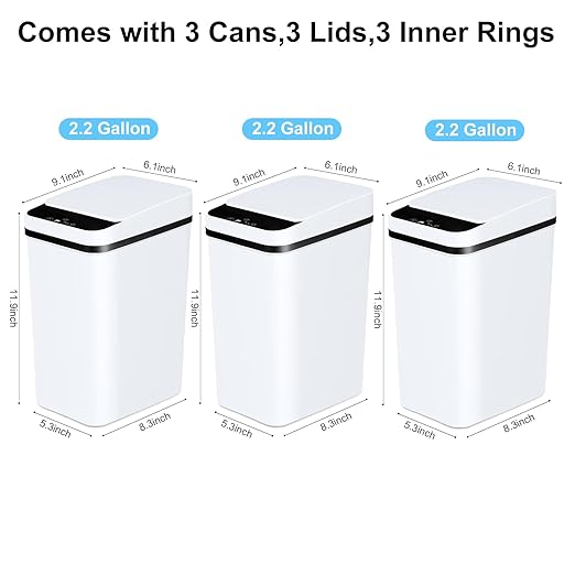 Bathroom Automatic Trash Can 3 Pack 2.2 Gallon Motion Sensor Touchless Small - Image 4