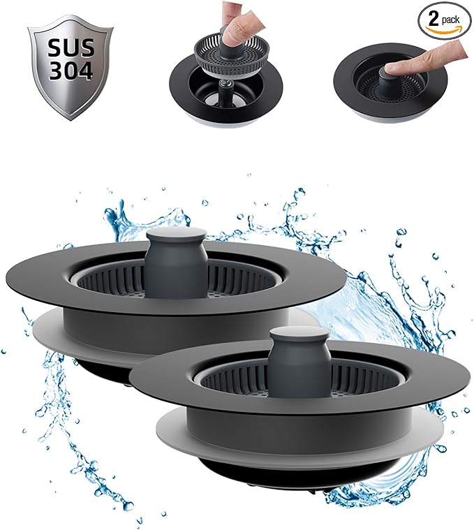 Hibbent 2 Pack 3 in 1 Kitchen Sink Drain Strainer and Stopper Combo, Stainless by Hibbent