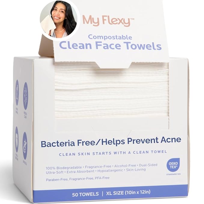 Disposable Face Towels XL for Skin Care & Makeup Removal – 100% Biodegradable by MyFlexy