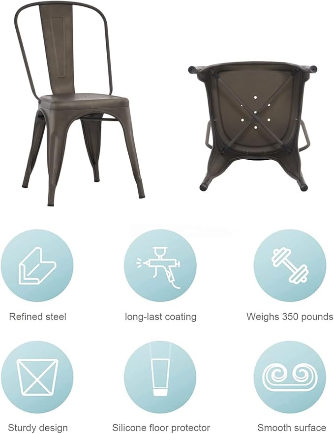 Nazhura Metal Dining Chair Farmhouse Tolix Style for Kitchen Dining Room Café Restaurant Bistro Patio, 18 Inch, Stackable, Waterproof Indoor/Outdoor (Sets of 4) (Steel Seat, Bronze) - Image 3