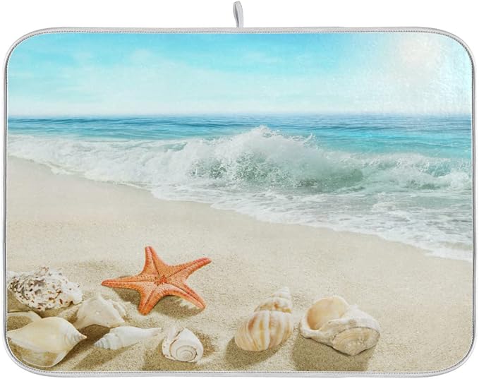 Summer Beach Dish Drying Mat 18 x 24 Inch Sea Wave Shells Starfish Drying Mat by Sweetshow