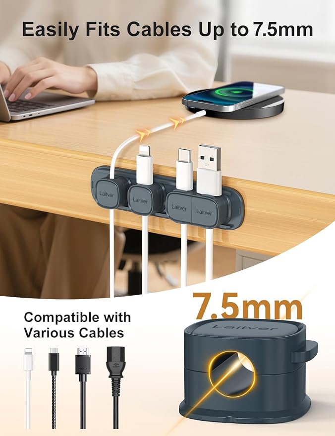 6 Pack Magnetic Cable Clips, Laitver Cord Organizer Holder Strong Adhesive Desk - Image 7