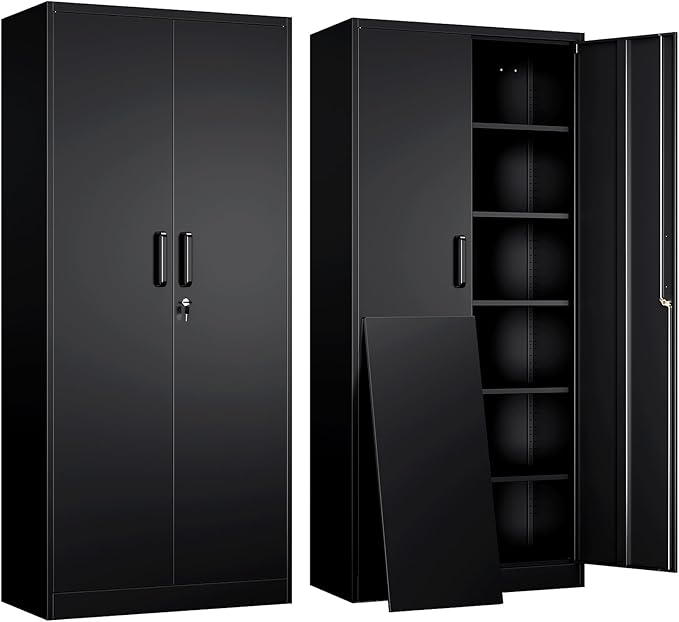 Yizosh Metal Garage Storage Cabinet with 2 Doors and 5 Adjustable Shelves - 71" Steel Lockable File Cabinet,Locking Tool Cabinets for Office,Home,Garage,Gym,School (Black) by Yizosh