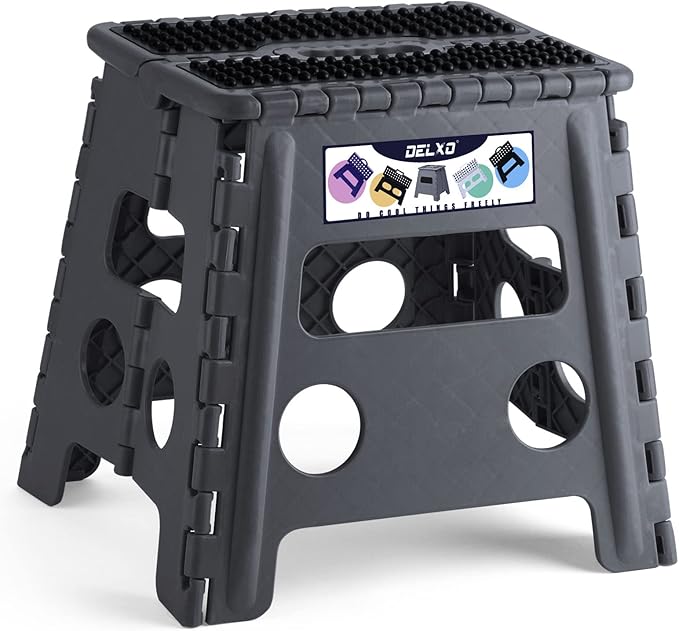 Delxo Folding Step Stool 13 inch Height Heavy Duty Foldable Step Stools for Adults and Kids,Kitchen Small Collapsible Fold Up Stepping Stool 1 Pack in Grey Dotted Texture by Delxo