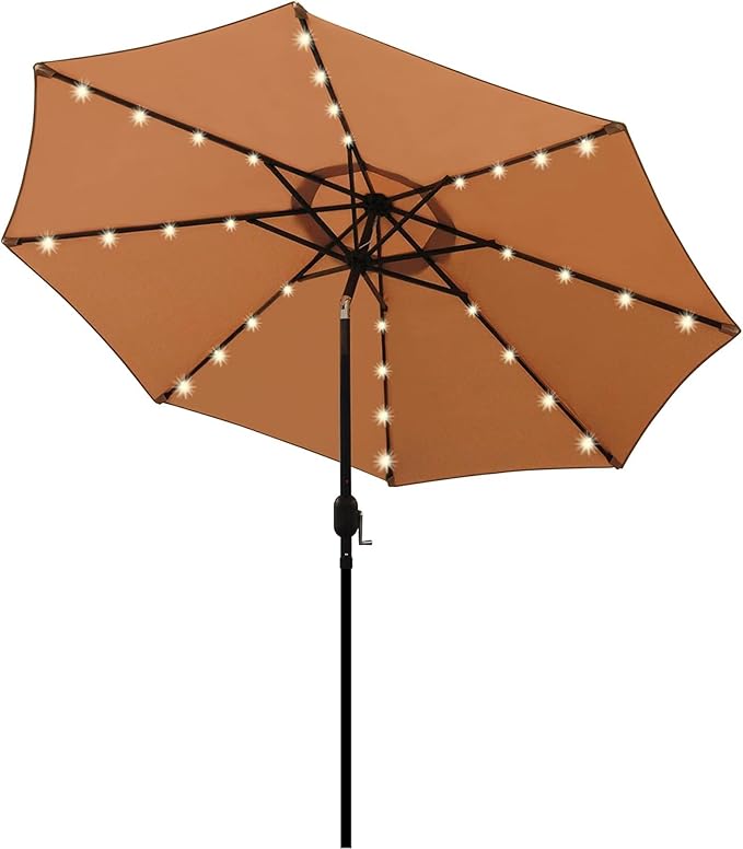 Blissun 9 ft Solar Umbrella, 32 LED Lighted Patio Umbrella, Table Market Umbrella, Outdoor Umbrella for Garden, Deck, Backyard, Pool and Beach (Tan) by Blissun
