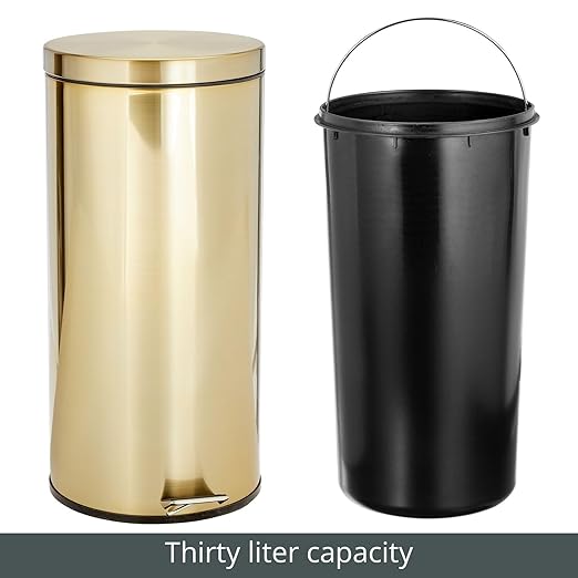 mDesign Tall 30 Liter, Large Round Metal Lidded Step Trash Can, Thin Compact - Image 5