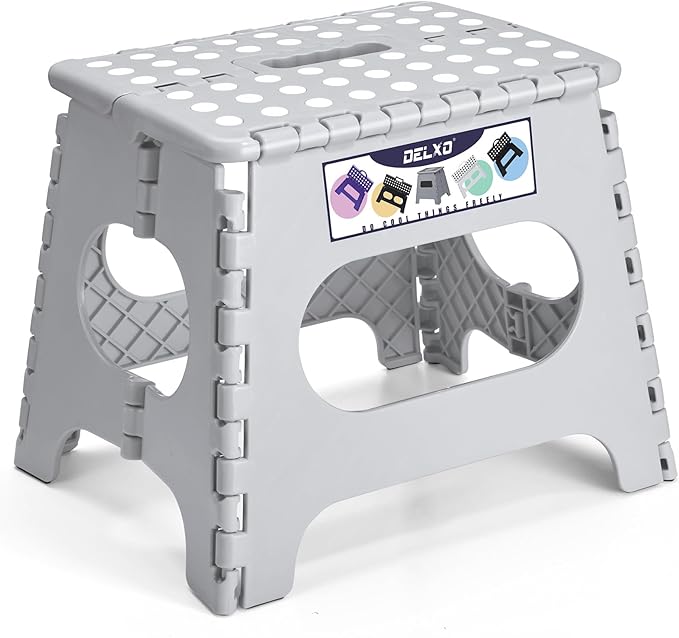Delxo Folding Step Stool, 11 inch Non-Slip Foldable Stools for Kids & Adults Up to 300 LBS, Step Stool with Handle, Lightweight for Kitchen, Bathroom, Bedroom, Garden, Grey, 1PC by Delxo