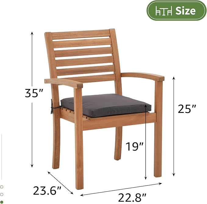 OC Orange-Casual Stackable Patio Dining Chairs Set of 2, Outdoor Acacia Wooden Chairs w/Armrest & Removeable Fabric Cushion, for Porch, Backyard, Garden, Indoor, Dark Grey - Image 3