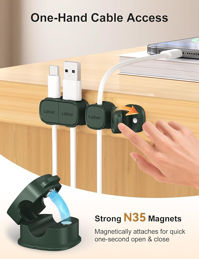 6 Pack Magnetic Cable Clips, Laitver Cord Organizer Holder Strong Adhesive Desk - Image 4