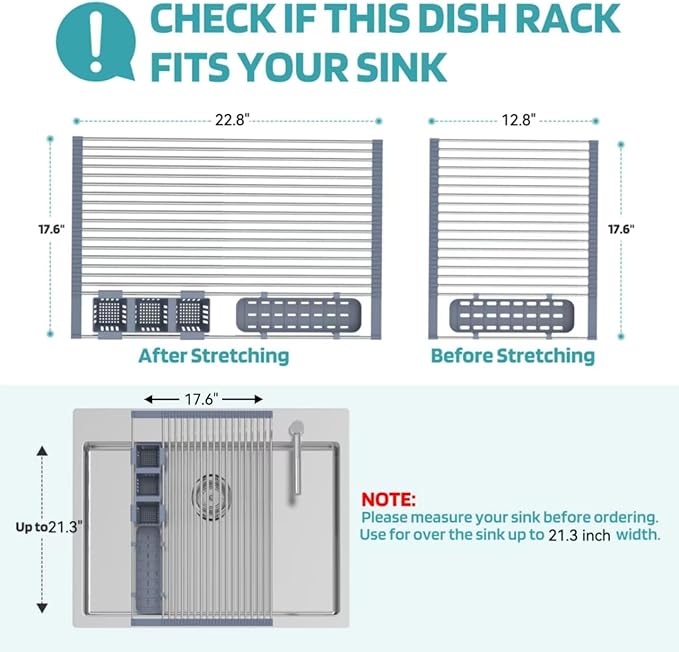 Extra Large Expandable Roll Up Dish Drying Rack Up to 22.8''with 2 Storage - Image 4