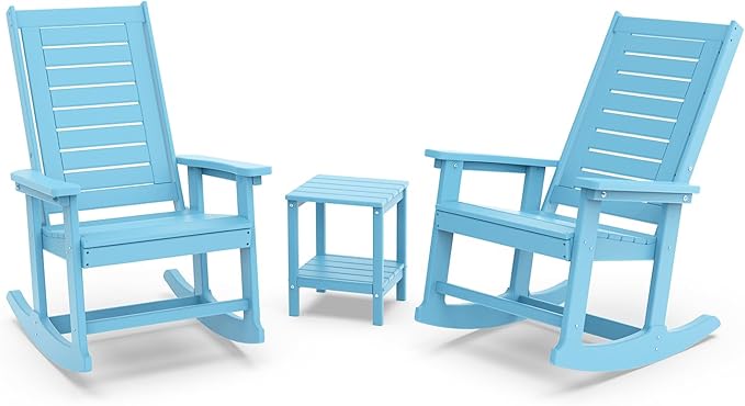 GREENVINES Outdoor Rocking Chair Set | 3-Piece | 2 Rocking Chairs with 1 Side Table | Porch Rocker | HDPE Plastic | Arctic | Patio Furniture Sets | High Back | Big & Tall | Ladder Back by GreenVines