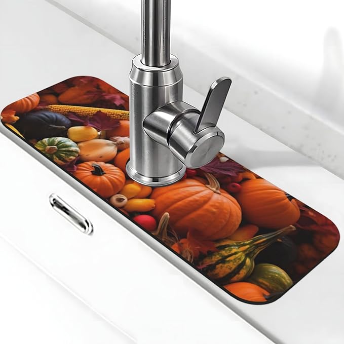 Kitchen Sink Splash Guard Faucet Mat Autumn Fall Pumpkin 15"x5.5", Diatom Mat by Nameapo