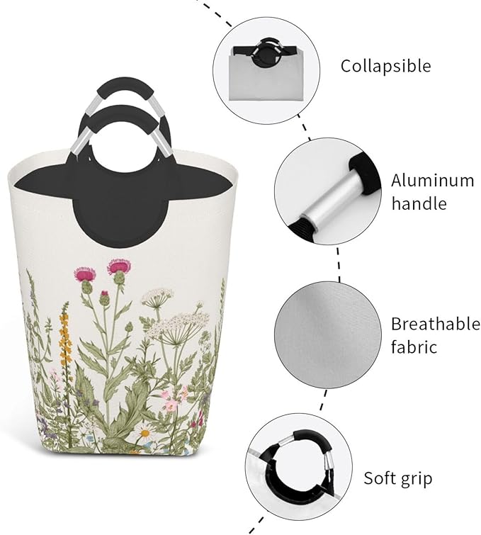Vintage Floral Plants Laundry Basket Wild Flowers Herbs Foldable Collapsible - Image 4
