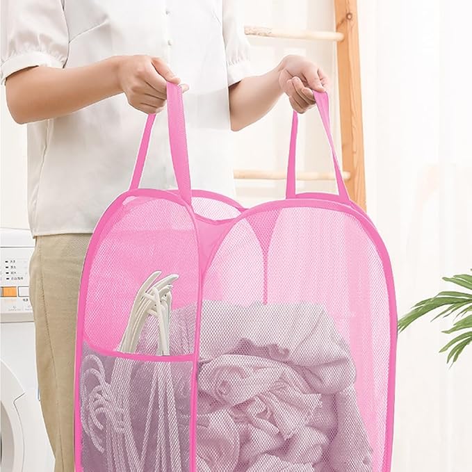 Portable Mesh Pop Up Laundry Hamper Pink Vertical Collapsible Laundry Basket - Image 3