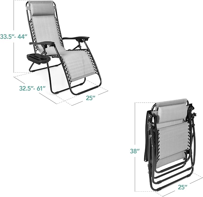 Best Choice Products Set of 2 Adjustable Steel Mesh Zero Gravity Lounge Chair Recliners w/Pillows and Cup Holder Trays - Ice Gray - Image 3
