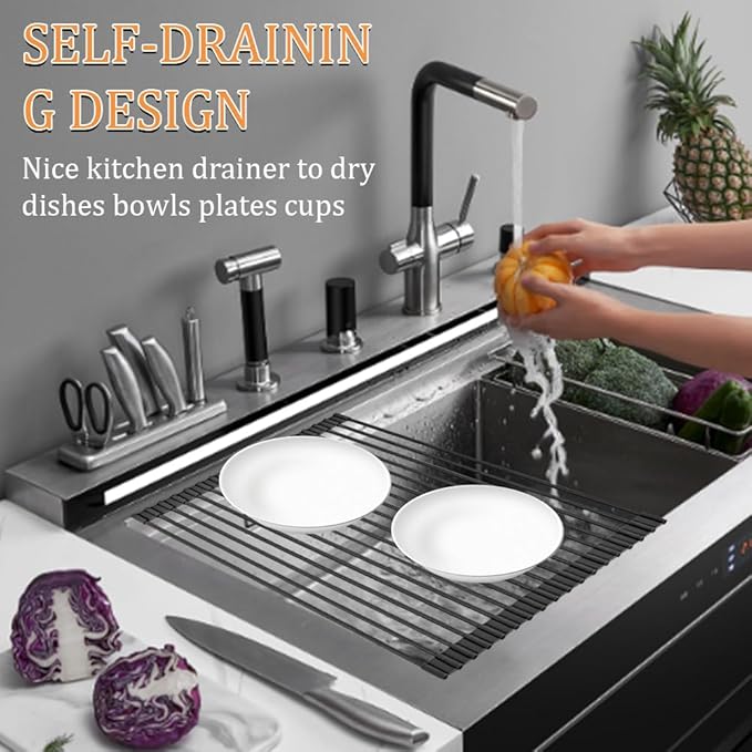 LEMIKKLE 20.5" x 13" Roll Up Dish Drying Rack Silicone Wrapped Over The Sink - Image 6