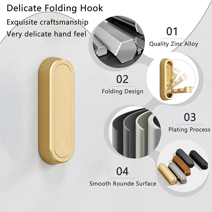 6PCS Folding Coat Hooks, Heavy Duty Wall Hooks Made of Zinc Alloy, Foldable - Image 2