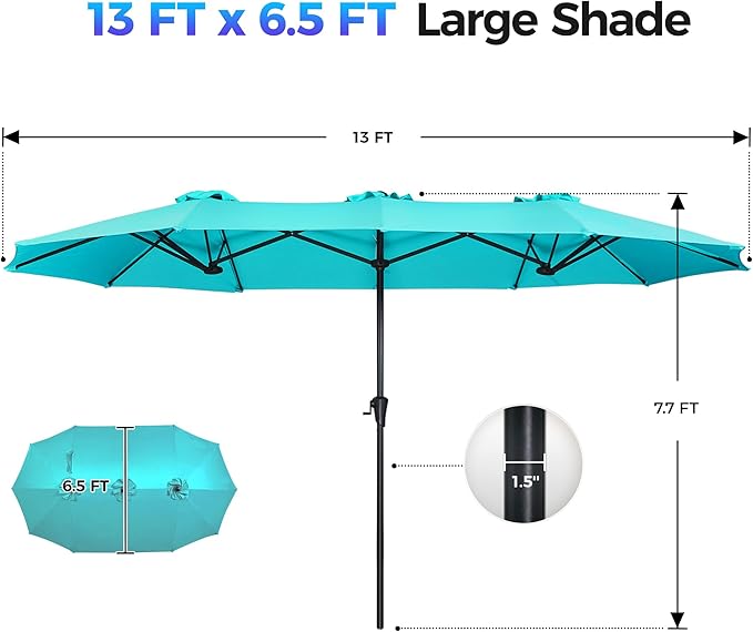 SUPERJARE 13FT Outdoor Umbrella for Patio, Double sided Pool Umbrellas with Fade Resistant Canopy, Large Table Umbrella for Deck, Market, Backyard - Light Blue - Image 7