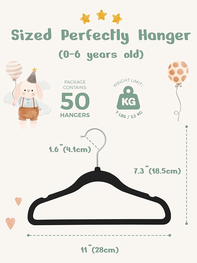 HOUSE DAY 11 Inch Velvet Baby Hangers 50 Pack Black, Premium Kids Hangers - Image 6