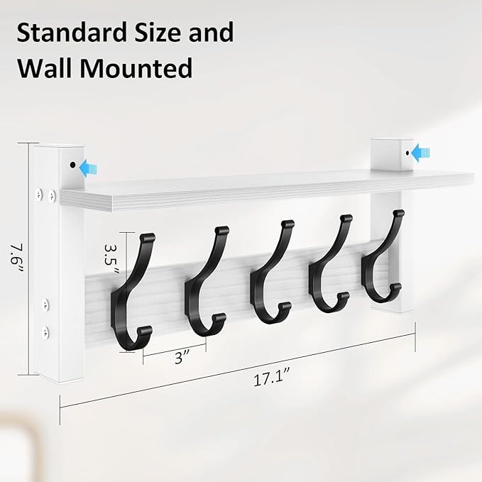 Coat Rack Wall Mount with Shelf, 17.1 Inch Coat Hanger Walls Mounted, Hat Rack - Image 7