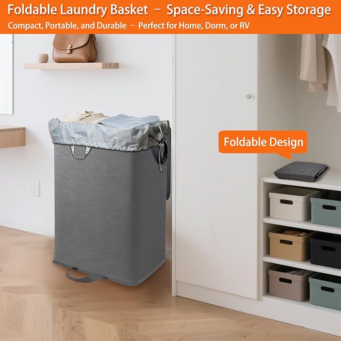 Foldable Laundry Hamper with 2 Removable Drawstring Bags, Portable Laundry - Image 5