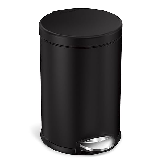simplehuman 4.5 Liter / 1.2 Gallon Round Bathroom Step Trash Can, Matte Black by Simplehuman