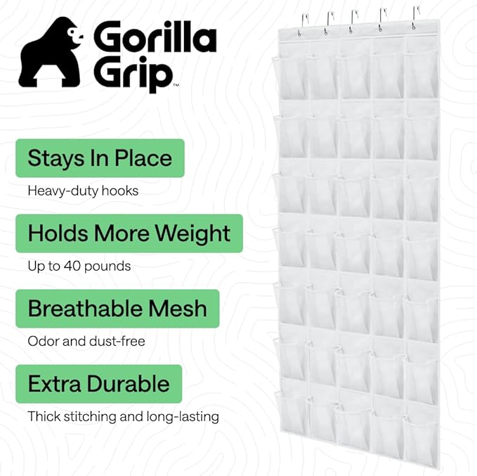 GORILLA GRIP Over the Door Shoe Organizer, 35 Large Breathable Mesh Pockets - Image 2