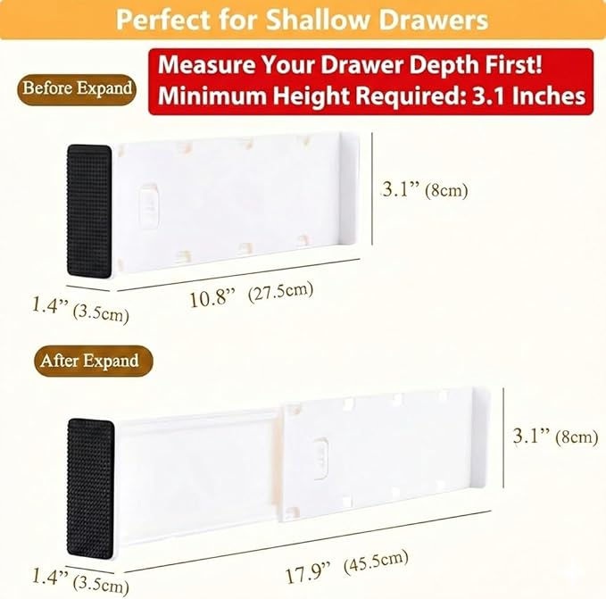 6-Pack Adjustable Drawer Dividers, 3.1" High Expandable Organizers - Image 3