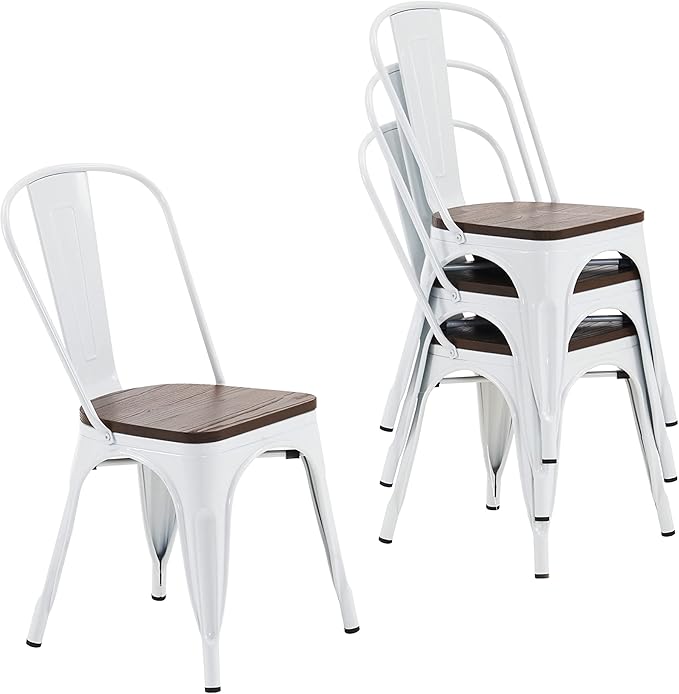 Nazhura Metal Dining Chair Farmhouse Tolix Style for Kitchen Dining Room Café Restaurant Bistro Patio, 18 Inch, Stackable, Waterproof Indoor/Outdoor (Sets of 4) (White with Wood Padding) by NazhuraGoodCompanionAtHome