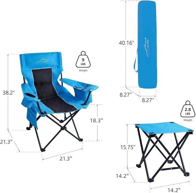 FAIR WIND Oversized Padded Camping Chair with Footrest Stool Heavy Duty Cooler Bag Chair for Fishing, Tailgating, Sports Games, Backyard - Support 300 LBS Blue - Image 3