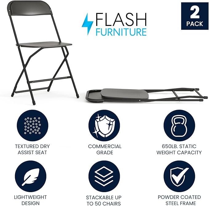 Flash Furniture Hercules Series Plastic Folding Chairs for Parties and Weddings, Stackable Commercial Event Seats with 650-lb. Static Weight Capacity, Set of 2, Black - Image 4