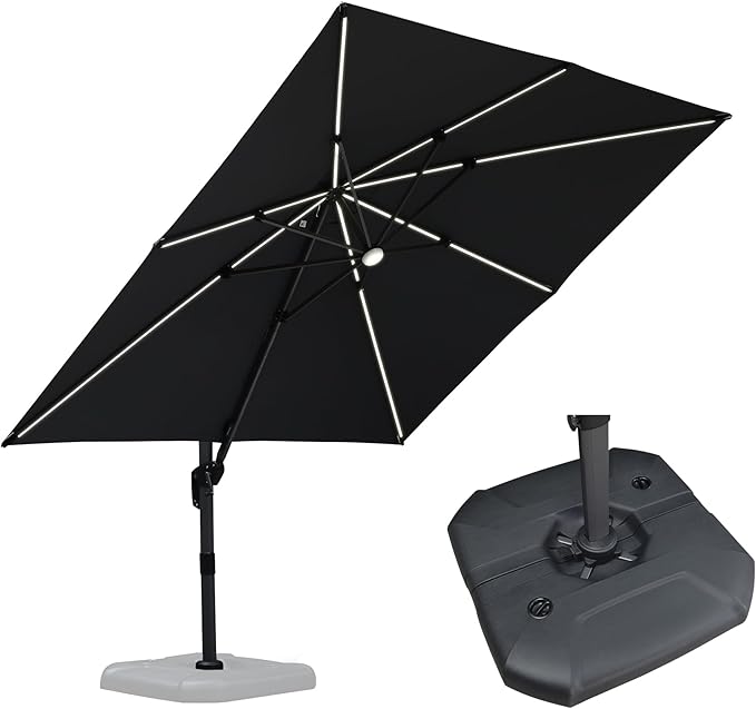 PURPLE LEAF 10 Feet Patio Umbrella with Base Outdoor Cantilever Solar Powered LED Square Umbrella Aluminum Offset Umbrella with 360-degree Rotation for Garden Deck Pool Patio, Grey - Image 3
