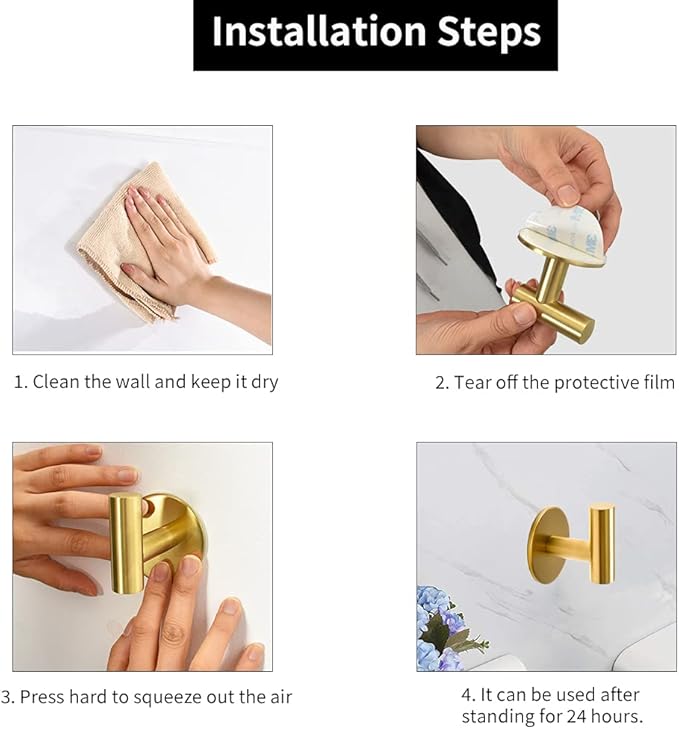 Vuzvuv Adhesive Brushed Gold Hooks, SUS304 Stainless Steel Self-Adhesive Towel - Image 5