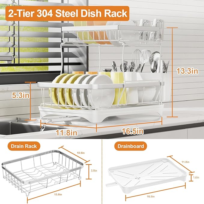 Dish Drying Rack Kitchen 2-Tier 304 Stainless Steel Dish Racks - Image 3