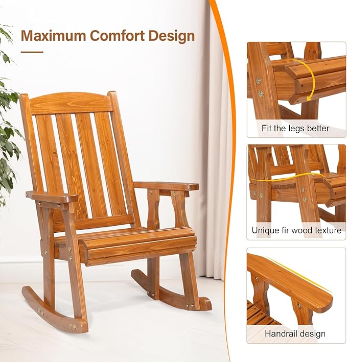 VINGLI Outdoor Rocking Chair Set of 2, Heavy Duty 600 LBS Wooden Rocking Chair with Comfortable Backrest, Weatherproof Rocker with Ergonomic Design, Suit for Patio, Garden, Yard, Teak - Image 6