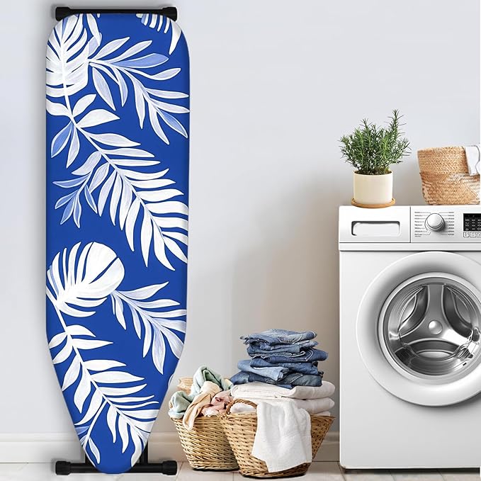 Nuxovilar Blue Background with White Tropical Leaves Ironing Board Cover - Image 3