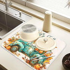 Vintage Fall Truck with Pumpkins Autumn Leaves Dish Drying Mat - Image 5