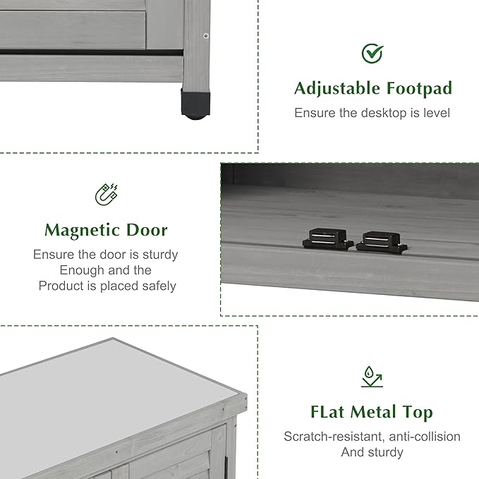 Outdoor Storage Cabinet & Potting Bench Table with Metal Top, Wooden Patio Furniture, Garden Workstation (Accent Grey, 36x31x17in) - Image 4