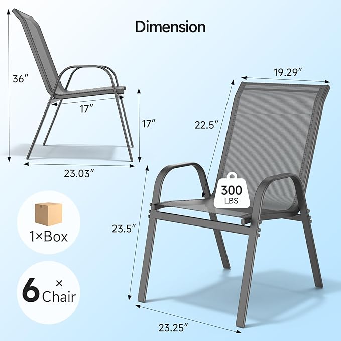 ONBRILL Patio Chairs set of 6, Easy Assembly Stackable Outdoor Dining Chairs with Wide Seat and Sturdy Metal Frame, Breathable All Weather Textilene Outdoor Chairs Set of 6 for Deck, Pool, Porch, Grey - Image 2
