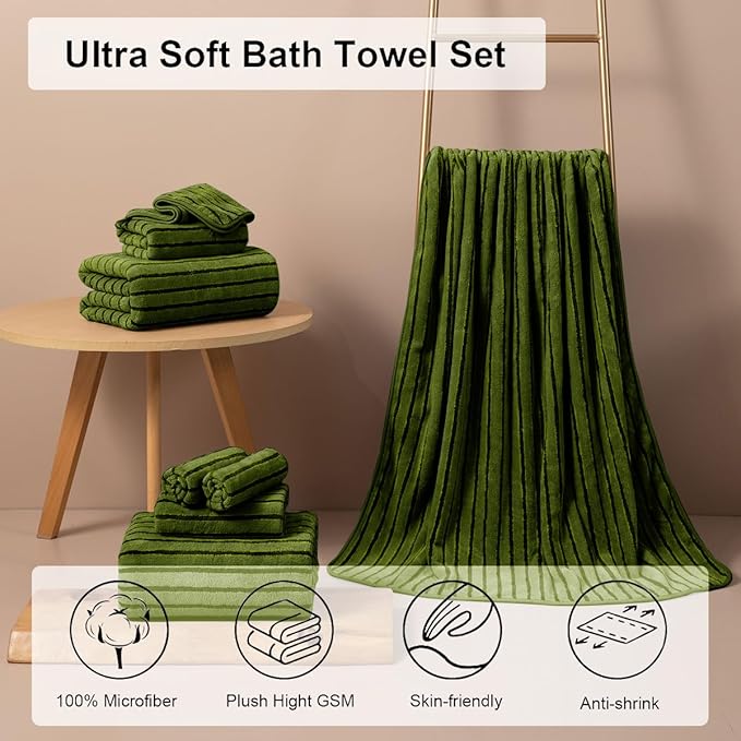 8 Pcs Army Green Cabana Stripe Large Bath Towel Set Oversized Bath Sheet-2 Bath - Image 2