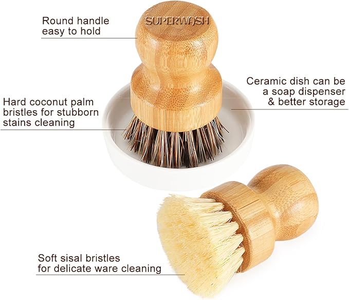 Bamboo Scrub Brush Clean Pan, Dish and Vegetable, Natural Bristles Palm Pot - Image 5