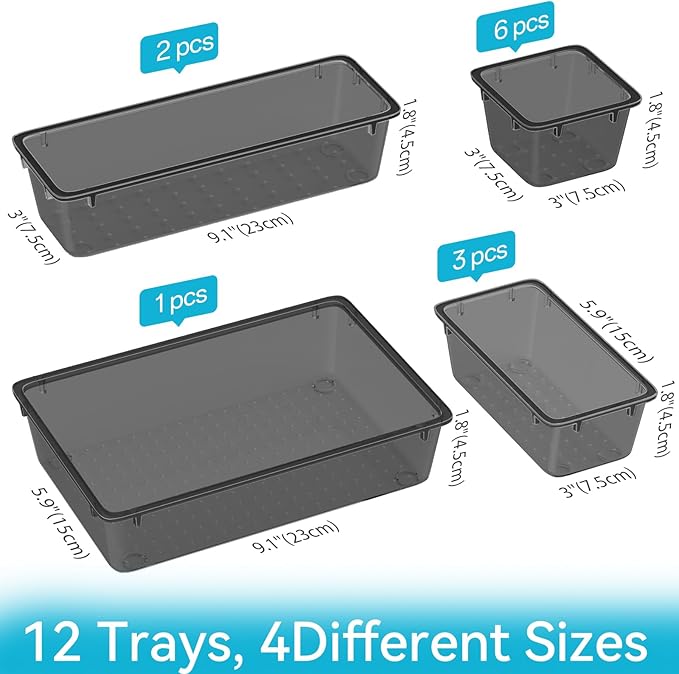 12-Piece Drawer Organizer Set, 4 Sizes Versatile Plastic Vanity Organizer - Image 2