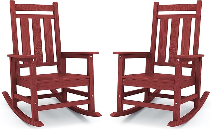 KINGYES Oversized Outdoor Rocking Chair Set of 2, All-Weather Patio Rocking Chairs for Porch, HDPE Outdoor Patio Rockers with High Back & Wide Seat for Garden, Lawn, Red by KINGYES