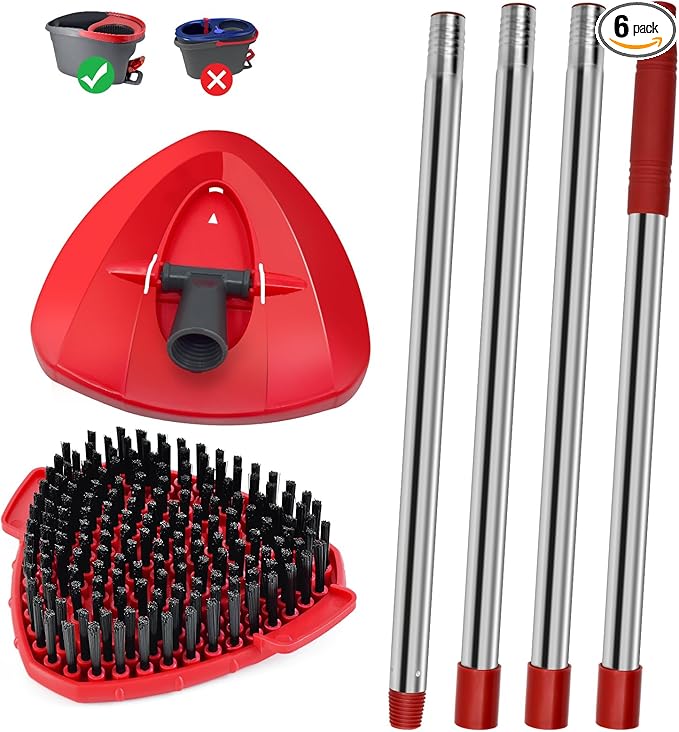 4 Part Stainless Steel Spin Mop Handles, Mop Base & Upgrade Scrub Brush Combo by GFRED