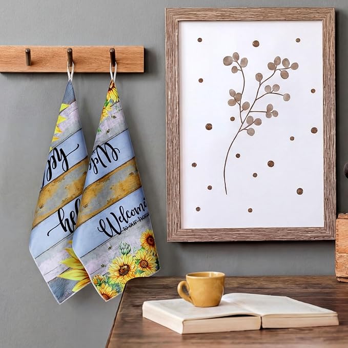 Bencailor 4 Pcs Sunflower Kitchen Towels Farmhouse Wood Grain Hand Dish Towels - Image 6