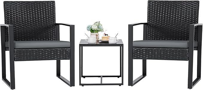 Flamaker 3 Pieces Patio Set Outdoor Wicker Furniture Modern Bistro Rattan Chair Conversation Sets with Coffee Table for Yard (Grey) by Flamaker