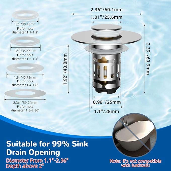 Hibbent Upgraded 3 in 1 Bathroom Sink Drain Strainer, Universal Pop Up Stopper - Image 7