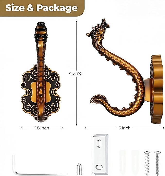 3 Pack Coat Hooks Metal Vintage Dragon Shape Hooks, Heavy Duty Large Double Hook - Image 4