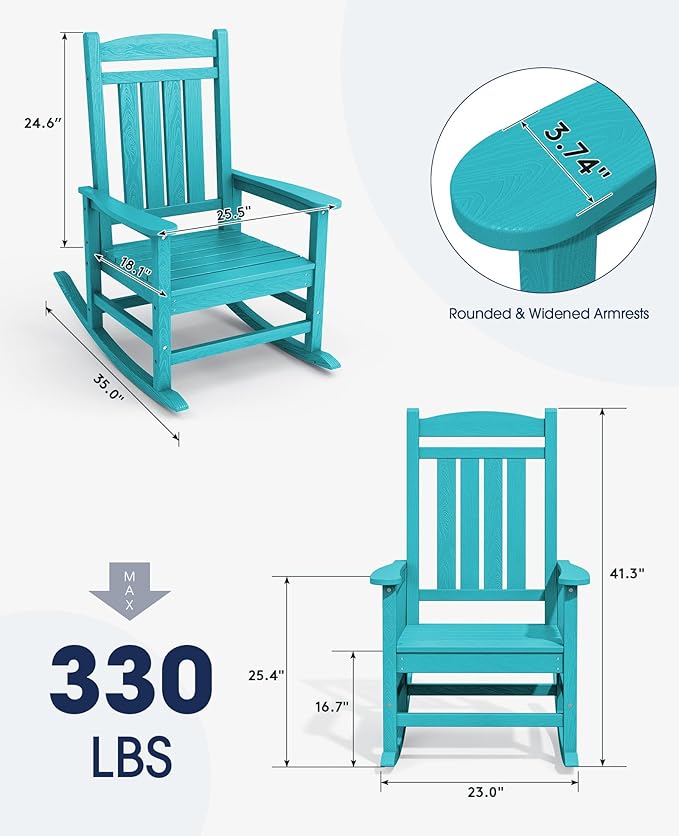 KINGYES HDPE Outdoor Rocking Chair Set of 4, All-Weather Poly Patio Rocking Chairs with 330lbs Support for Adults, Aruba Blue - Image 2